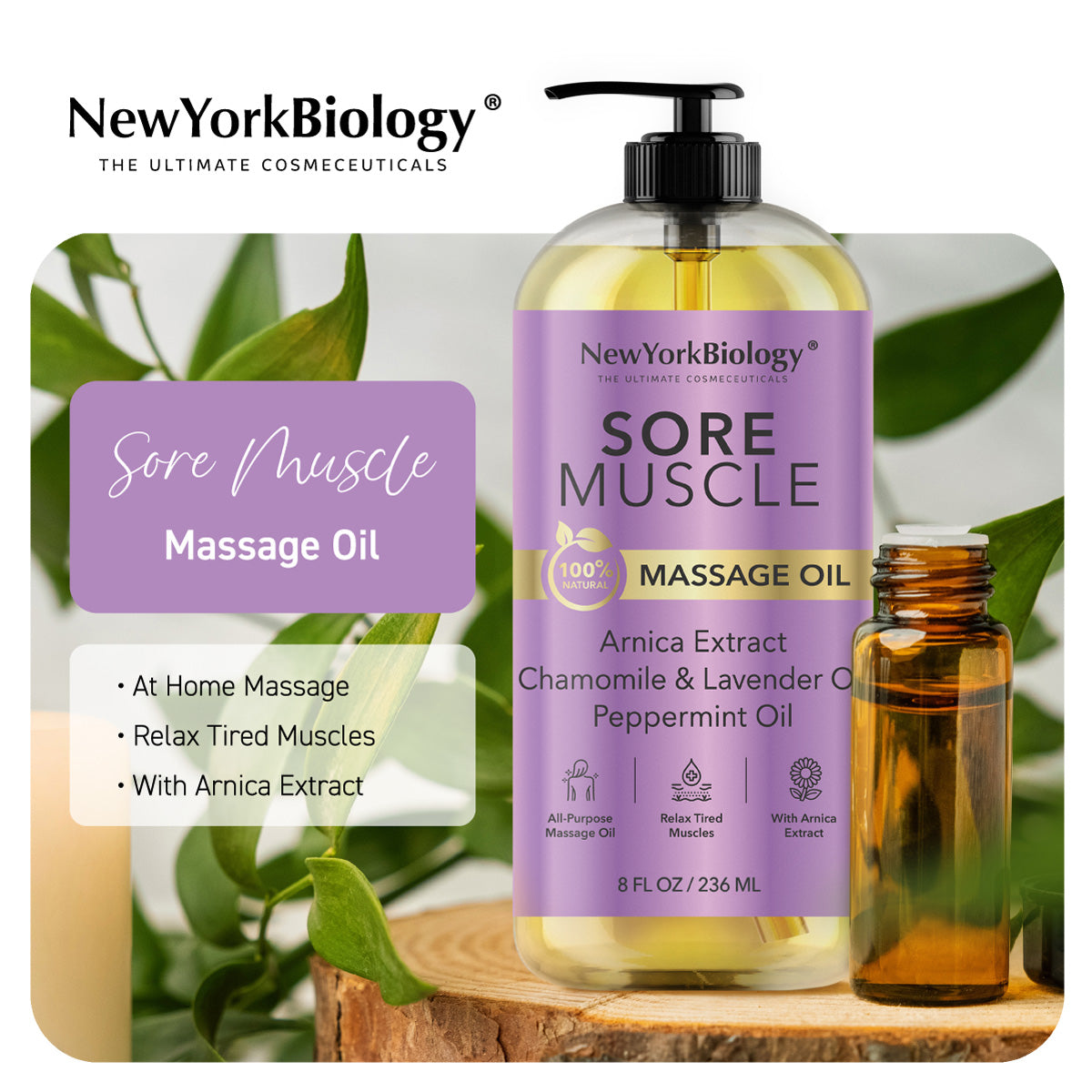 New York Biology Sore Muscle Massage Oil 8 Fl Oz – Made with 100% Natural Oils – Soothing Body Massage Oil - Absorbs Easily