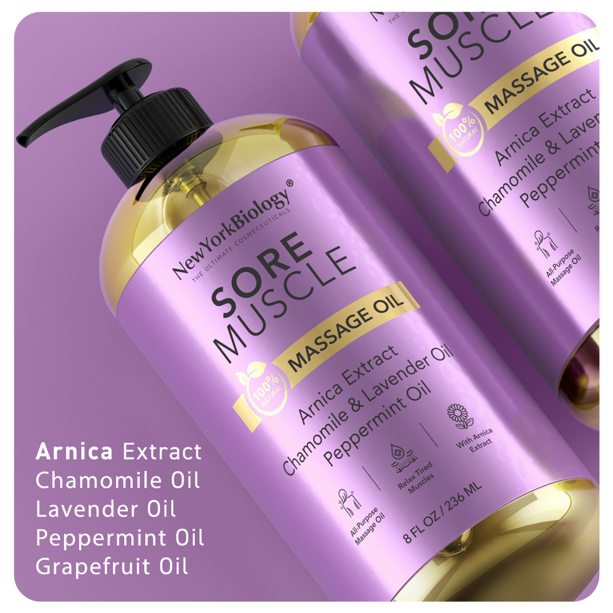New York Biology Sore Muscle Massage Oil 8 Fl Oz – Made with 100% Natural Oils – Soothing Body Massage Oil - Absorbs Easily