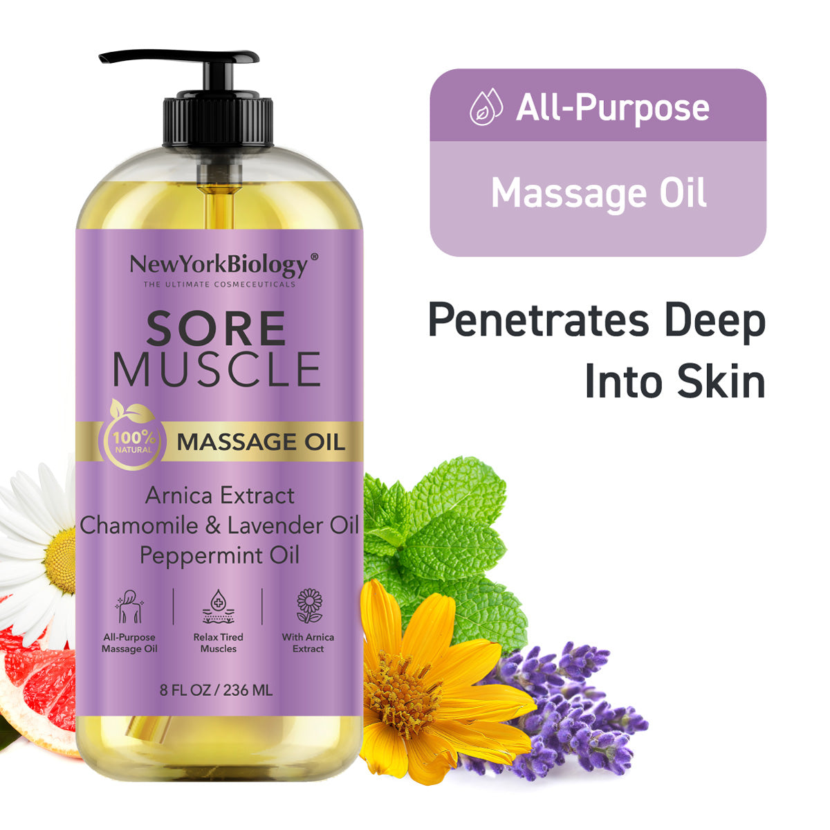 New York Biology Sore Muscle Massage Oil 8 Fl Oz – Made with 100% Natural Oils – Soothing Body Massage Oil - Absorbs Easily