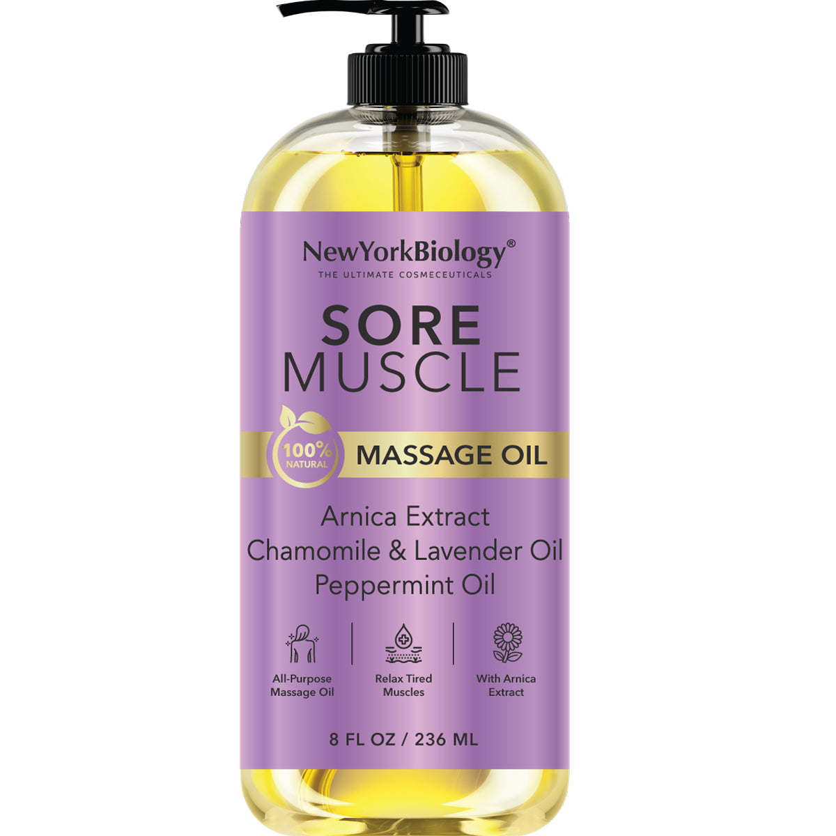 New York Biology Sore Muscle Massage Oil 8 Fl Oz – Made with 100% Natural Oils – Soothing Body Massage Oil - Absorbs Easily